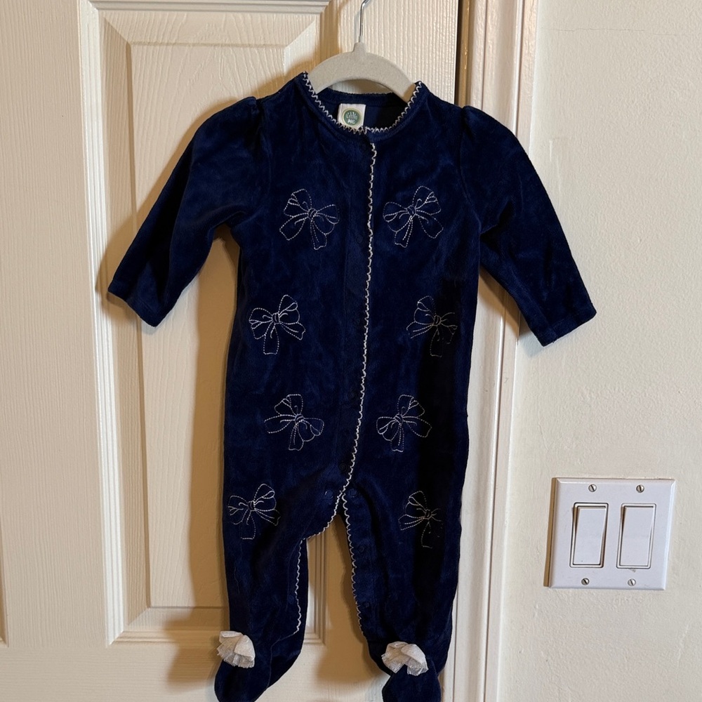 Little Me Dark Blue Velour Bow-Patterned Footie